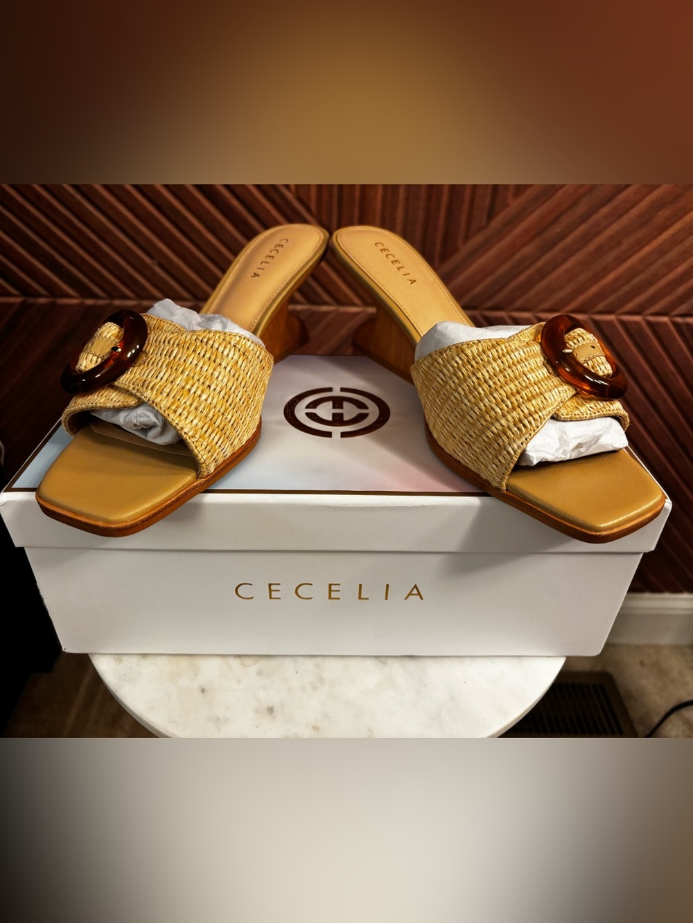 Cecelia New York Checker Buckle Raffia Wedge Slide Size 10